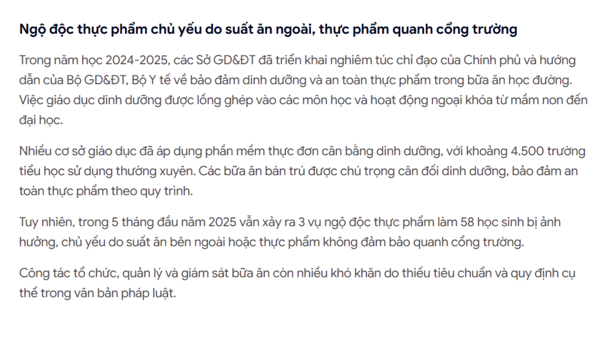 Thực trạng Ngộ độc thực phẩm học đường